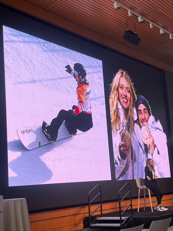 Three-time paralympic snowboarder and best-selling author, Amy Purdy, is on stage at Toyota's headquarters to wrap up D+I Month 2023 with an inspirational story.